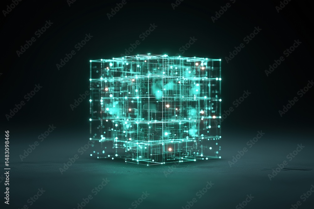 Poster a cube made of small squares of light blue and green. the cube is illuminated and he is a computer o