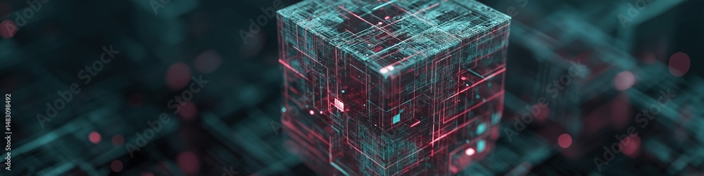 Poster a cube with a red and blue color scheme. the cube is surrounded by a blurry background. concept of t