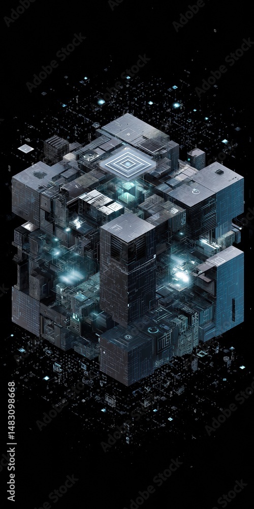 Poster a futuristic cityscape with a large cube in the middle. the cube is surrounded by smaller cubes, and