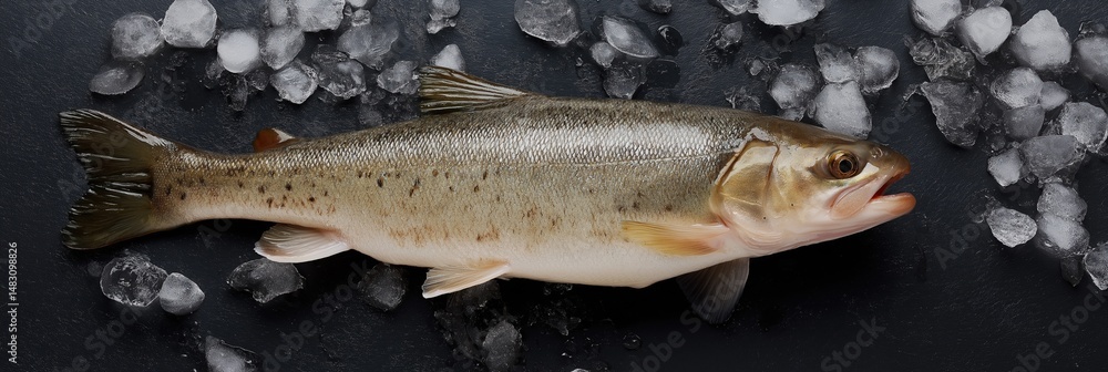 Poster a fish is on a black background with ice cubes. the fish is in the middle of the image and is surrou
