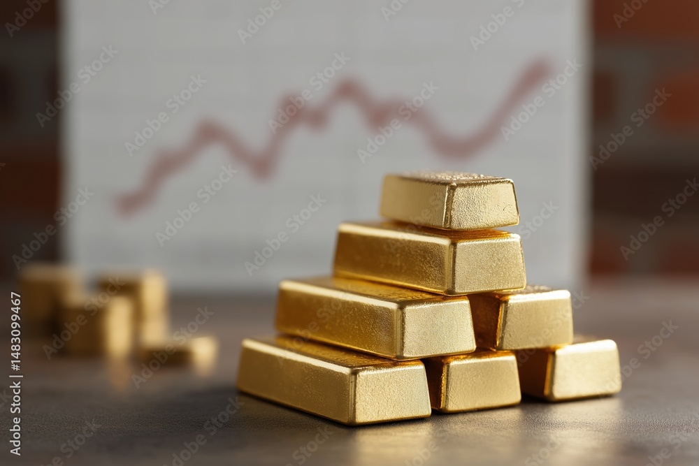Poster a stack of gold bars is on a table next to a graph. the bars are piled on top of each other, and the