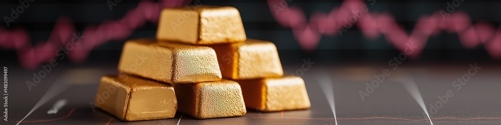 Poster a stack of gold bars on a table. the bars are stacked on top of each other and are surrounded by a g