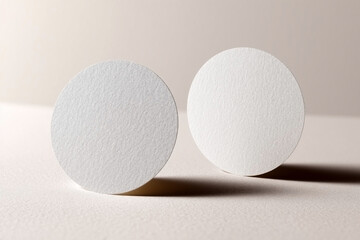 Two circular blank business cards standing on soft beige background, textured paper mockup for minimalist branding or logo presentation