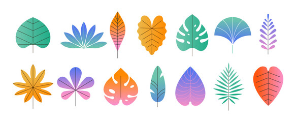 Summer tropic leaves design collection. Geometric simple, flat, modern style with color gradient texture. Trendy jungle foliage illustrations set.