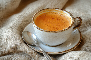 A cup of coffee on a saucer.