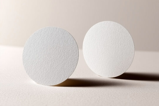 Two circular blank business cards standing on soft beige background, textured paper mockup for minimalist branding or logo presentation