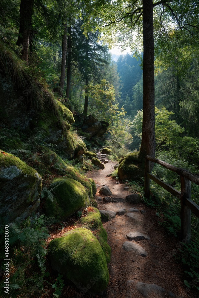 Poster a forest path with moss and rocks. the moss is green and the rocks are brown. the path is surrounded