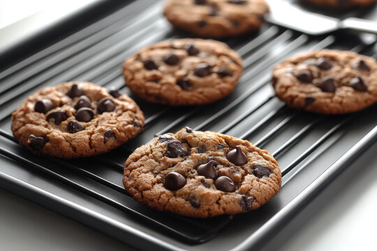 Freshly baked chocolate chip cookies on a baking sheet.