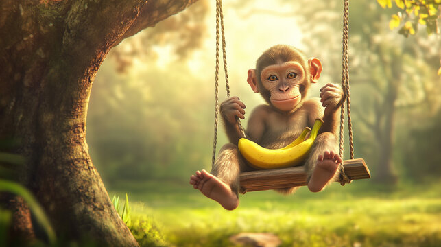A cute 3d monkey cartoon sitting on a swing hanging with a tree having sweet & delicious bananas in his lap defocused forest background 