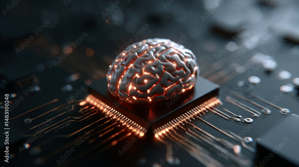 Poster abstract glowing brain on a futuristic circuit board digital technology concept artificial intellige