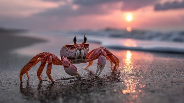 Khris orange crab exploring smooth sand beach at dusk nature photography serene environment close-up view coastal beauty