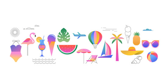 Summer vacation vector illustration set. Colorful tropical icons including beach elements, travel symbols, fruit, ice cream, swimwear, palm trees, and sun in modern flat style.
