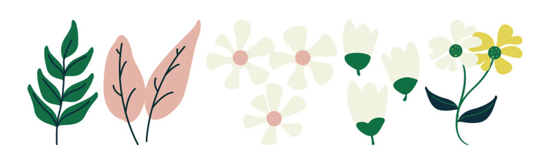 A charming illustration featuring a variety of botanical elements, including flowers and leaves, perfect for adding a touch of nature to your design projects.