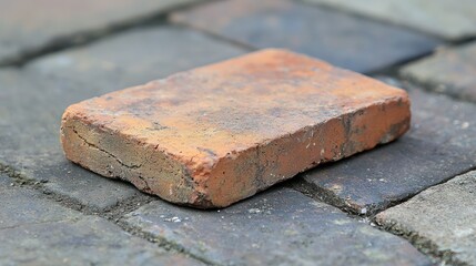 Single weathered orange brick on cobblestone.