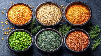 Six bowls of assorted lentils and peas.