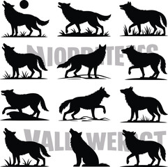 Collection of various wolf silhouettes in different poses against a white background display image