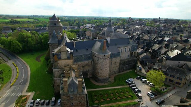 Aerial View of Medieval Chateaugiron Castle and Half-Timbered Houses: Historic Fortress of Ille-et-Vilaine, Brittany, France. 4K Drone Footage