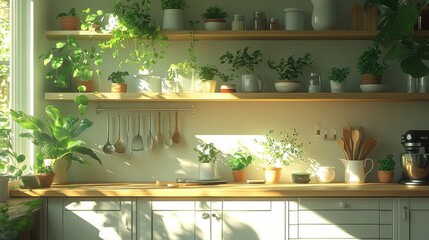 Bright Scandinavian Kitchen with Indoor Plants and Shelves