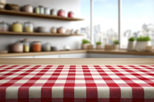 Empty wooden table with red checkered tablecloth, blurred modern kitchen background
