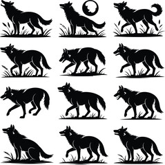 Collection of black wolf silhouette illustrations in various poses on a white background design art