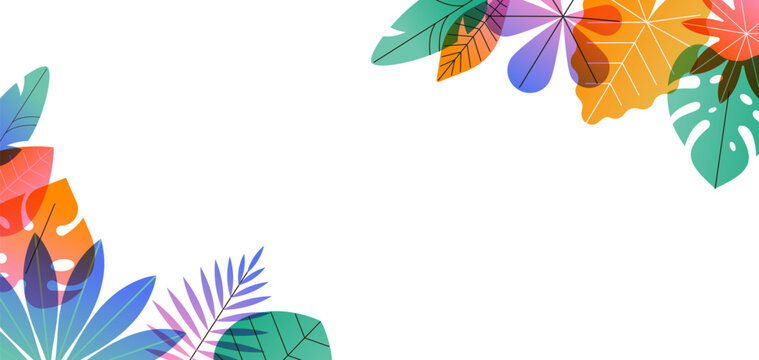 Tropical leaves frame summer background. Colorful modern botanical border. Abstract flat vector illustration of exotic jungle foliage.