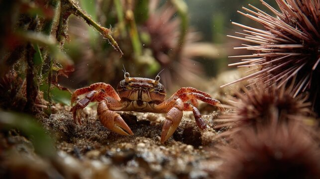 Crab encountering sea urchin underwater scene marine photography coral reef close-up soft focus