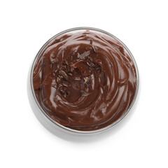 Delicious chocolate pudding in glass isolated on white, top view
