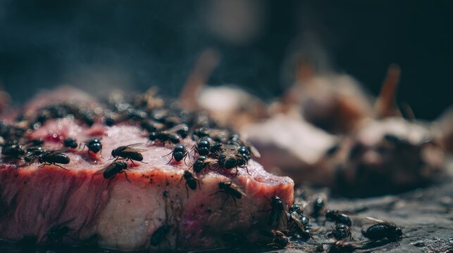Cooked meat on outdoor grill covered with blue bottle flies, highlighting hygiene issues, food contamination risks, pest infestation, public health concerns, unsanitary conditions in open environments