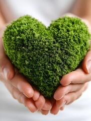 A pair of gentle hands carefully cradles a lush green moss heart symbolizing nature's love and environmental care.