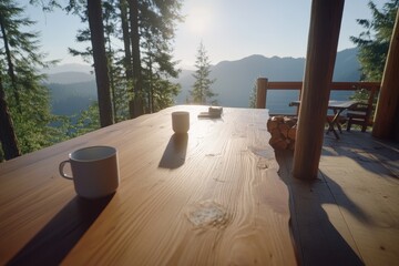 Cups on wood table with mountain view at sunrise scenic outdoor breakfast tranquility