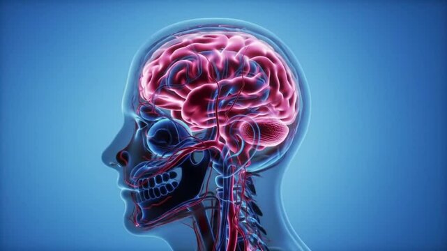 Anatomical 3d animation of the human brain showing pain. Transparent head and neck made of glass, rotating, on a blue background. The animation is smooth, scientific, and educational.