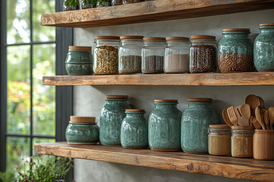 Jars and spoons on shelf.