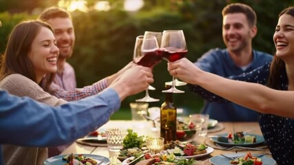 Group of friends enjoying an outdoor gathering in a garden, toasting with glasses of red wine while sharing delicious food on a vibrant table at sunset