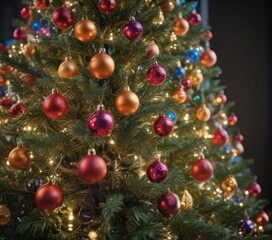 Vibrant baubles adorn a glowing Christmas tree, bokeh lights sparkle ,  decoration,  festive,  backdrop