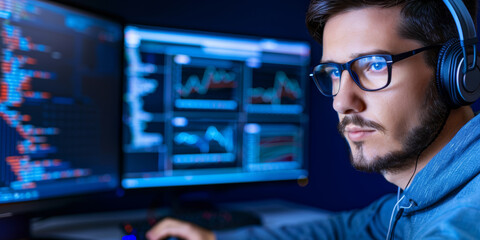 Young professional analyzes financial charts and coding data while wearing headphones in a dark office setting
