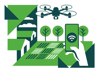 Smart Farming, using drones - isometric geometric design