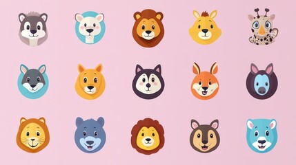 Obraz premium Adorable cartoon animal heads in pastel circles on pink background