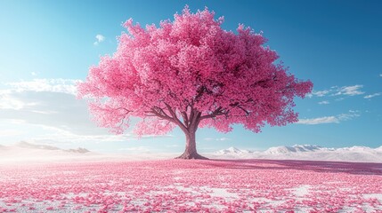 Solitary pink tree in a dreamy landscape.