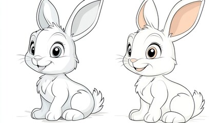 Obraz premium Two cute, cartoon white rabbits sitting side-by-side, one gray and one peach colored