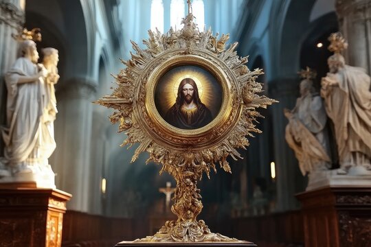 Corpus christi: golden monstrance, sacred bread, consecrated chalice, holy offering, divine presence, eucharistic devotion, altar symbol, spiritual ritual, religious liturgical image