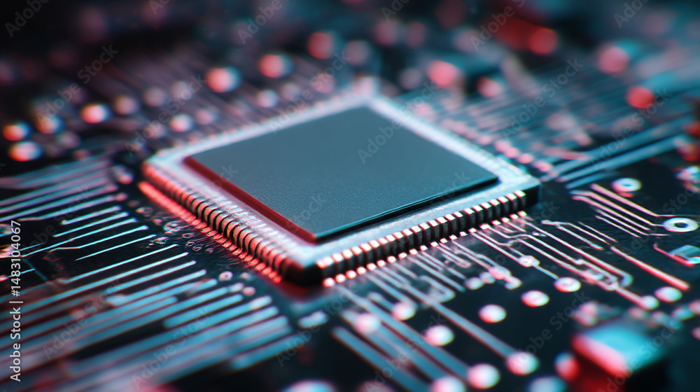 Poster closeup detailed view of a modern microchip circuit board technology red data dark blue wire light m