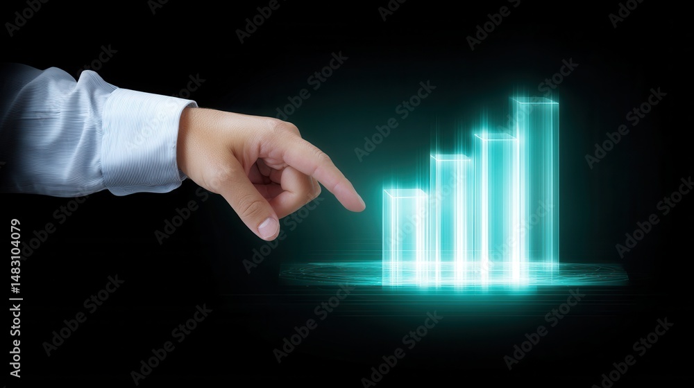 Poster a business professional's hand interacts with a digital growth chart, symbolizing progress and innov