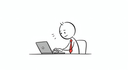 Stick Figure Working at Laptop Concentrating on Screen