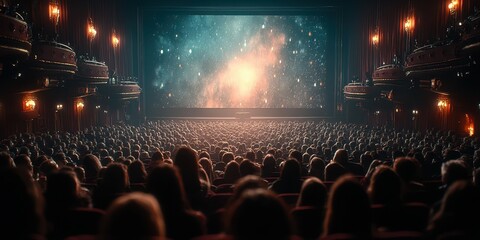 Crowd captivated by cosmic display in historic theater during evening show