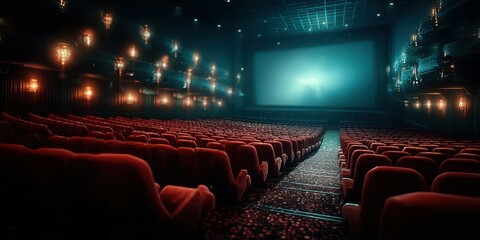 Empty theater with red velvet seats and a large illuminated screen ready for the next film presentation at night