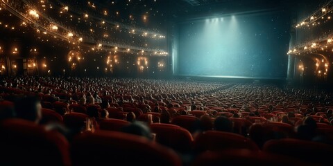 Audience eagerly awaits performance in a grand theater with elegant lighting and plush seating