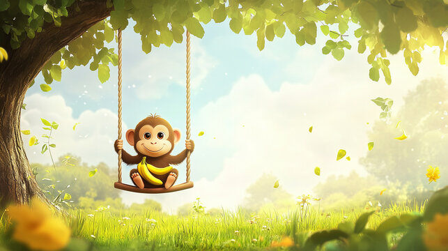 A cute 3d monkey cartoon sitting on a swing hanging with a tree having sweet & delicious bananas in his lap defocused forest background 