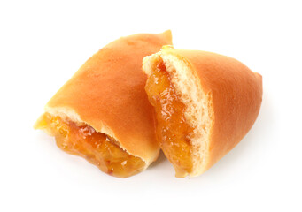 Tasty baked patty with orange jam isolated on white