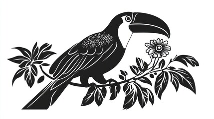 Obraz premium Black and white toucan on branch with flower, decorative design, nature themed artwork, potential use as print or poster