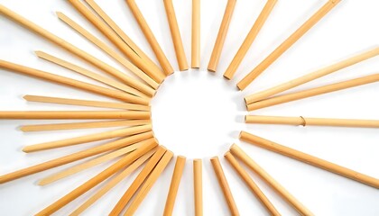 Fototapeta premium Radial Arrangement of Brown Bamboo Straws on White Background, created with generative ai